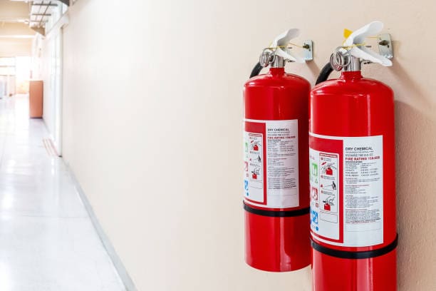 fire detection 2 Fire extinguisher system on the wall background, powerful emergency equipment for industrial