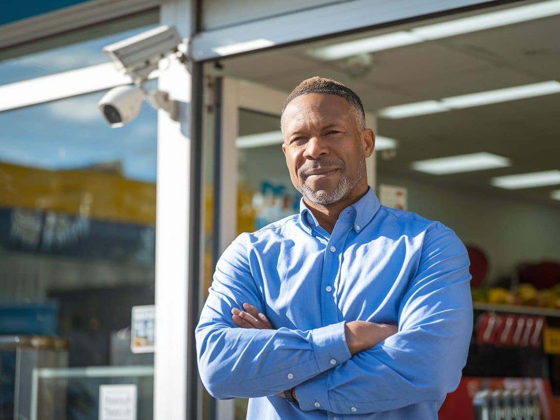 Cleveland business owner stands confidently outside his store with closed circuit television security camera.