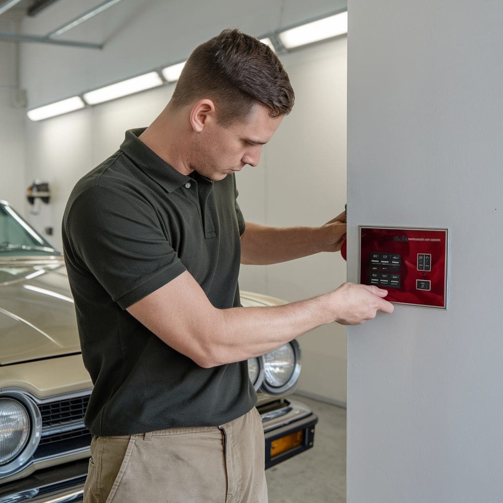 Fire alarm supplier Rhodes technician operating control panel in a pristine Cleveland garage.