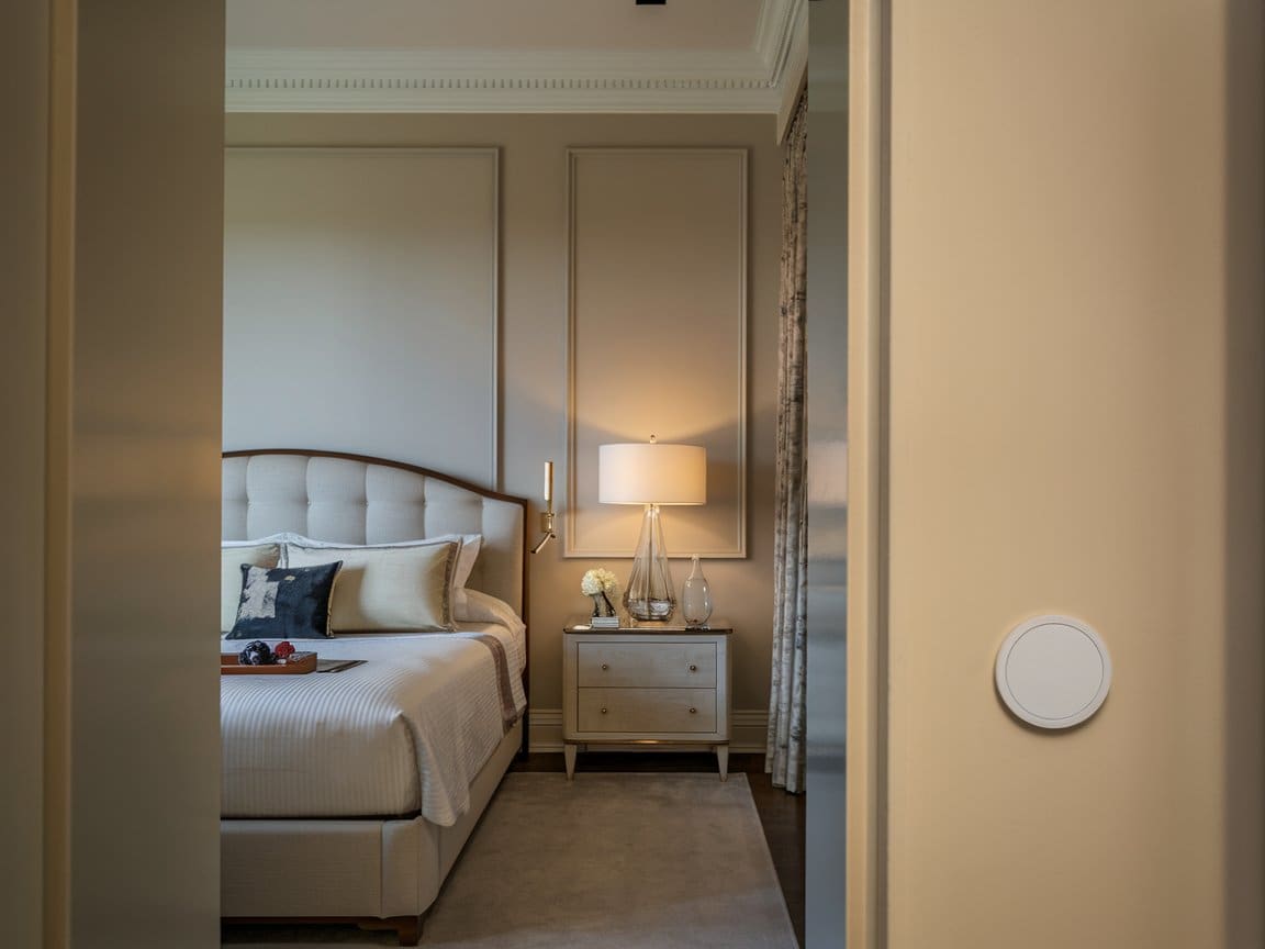 fire and life safety carbon monoxide Fire & life safety carbon monoxide sensor mounted outside an elegant master bedroom doorway.
