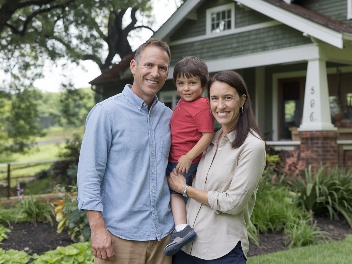 fire and life safety family Fire & life safety protections benefit this smiling family standing in front of their craftsman home.
