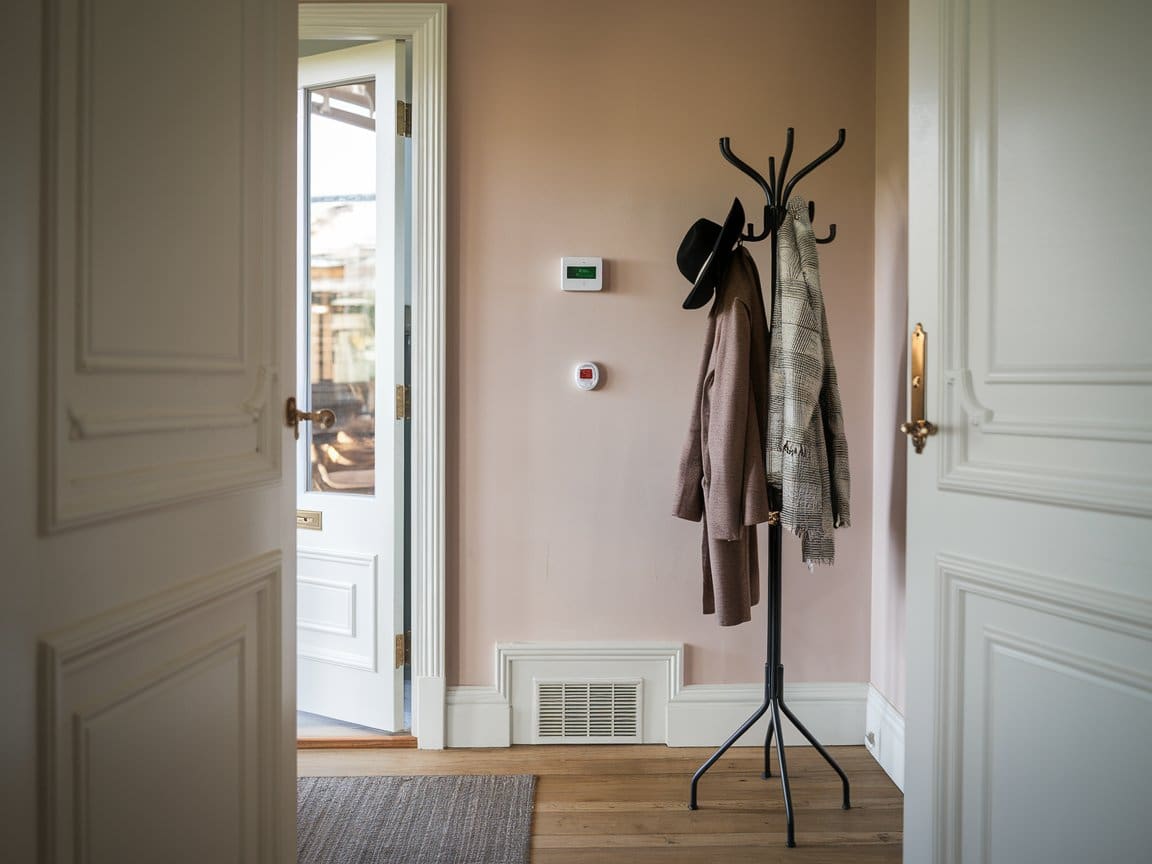 fire and life safety system Fire & life safety equipment installed in stylish home entryway with security system panel and CO detector on wall.
