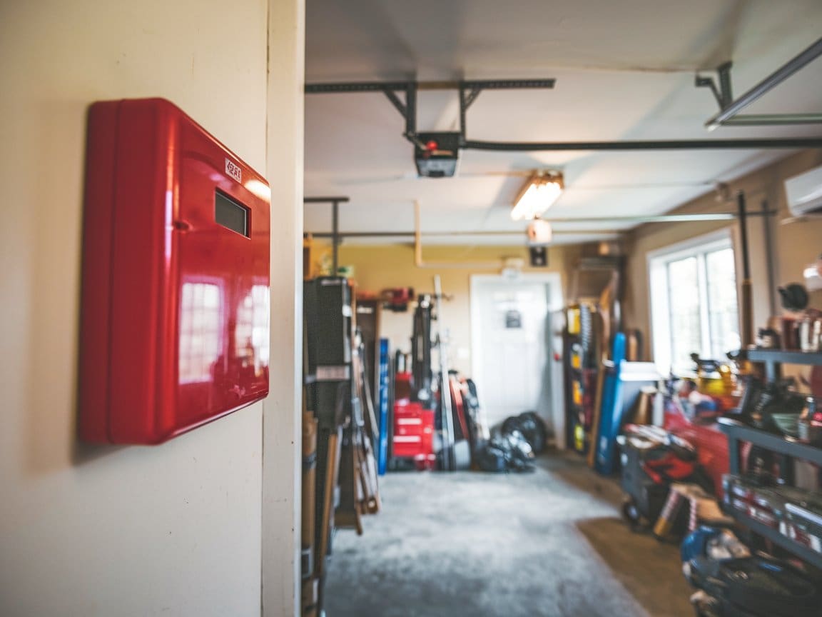 home fire detection panel Home fire detection system with red control panel mounted in organized Cleveland garage.