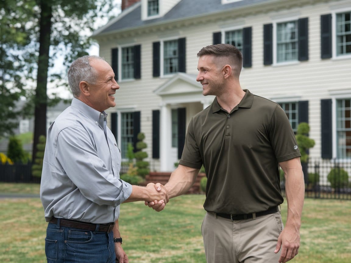 home fire detection trust Home fire detection expert shakes hands outside a beautiful colonial residence with satisfied Cleveland client