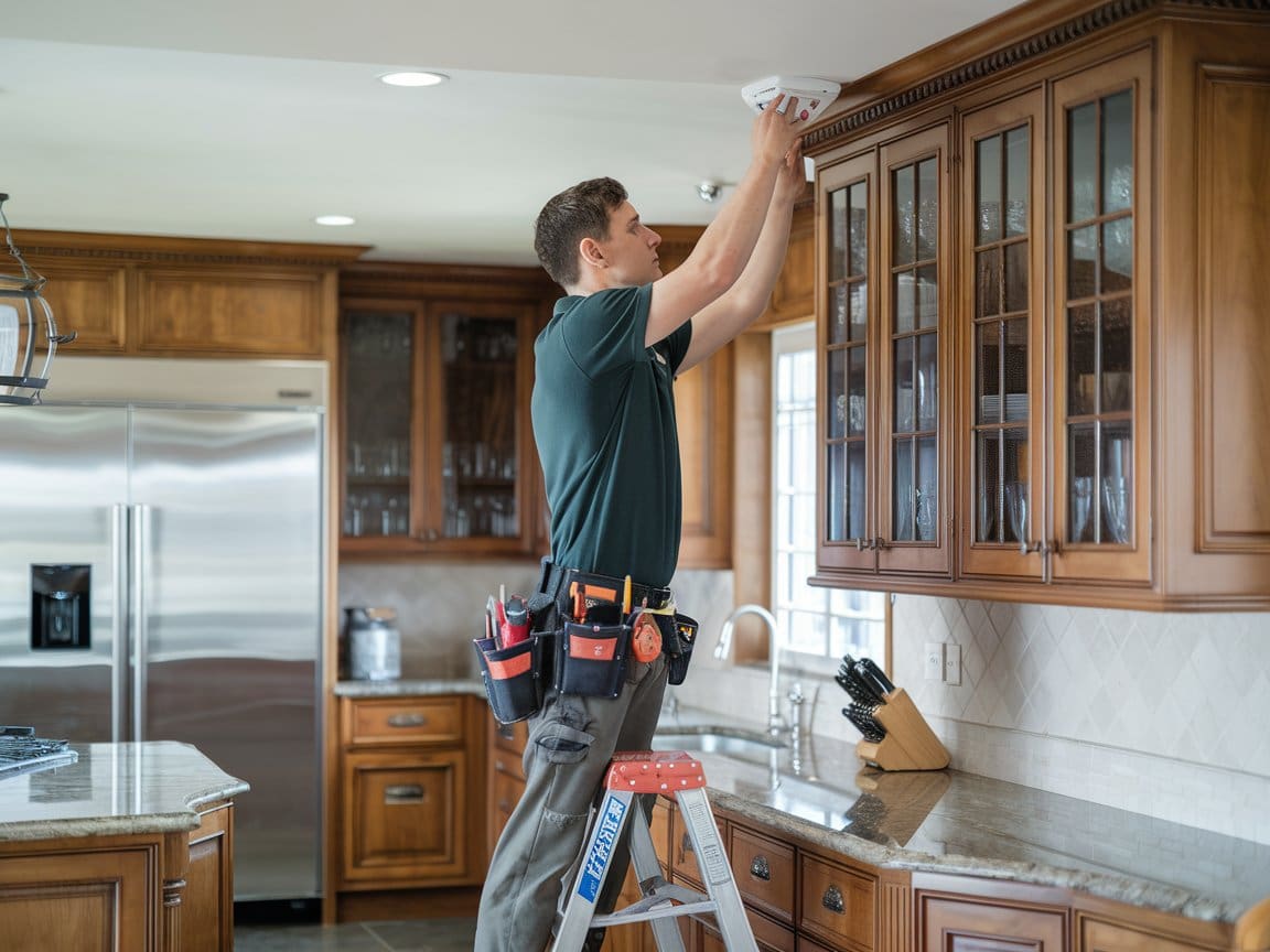 Technician installing home fire detection system on Cleveland kitchen ceiling above cabinets