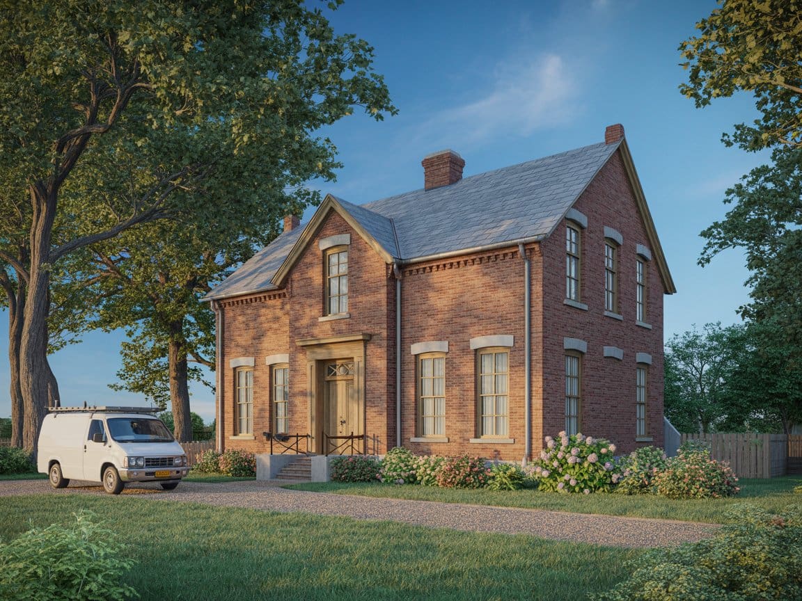 Home automation systems Cleveland installation at classic brick house with Rhodes Security service van.