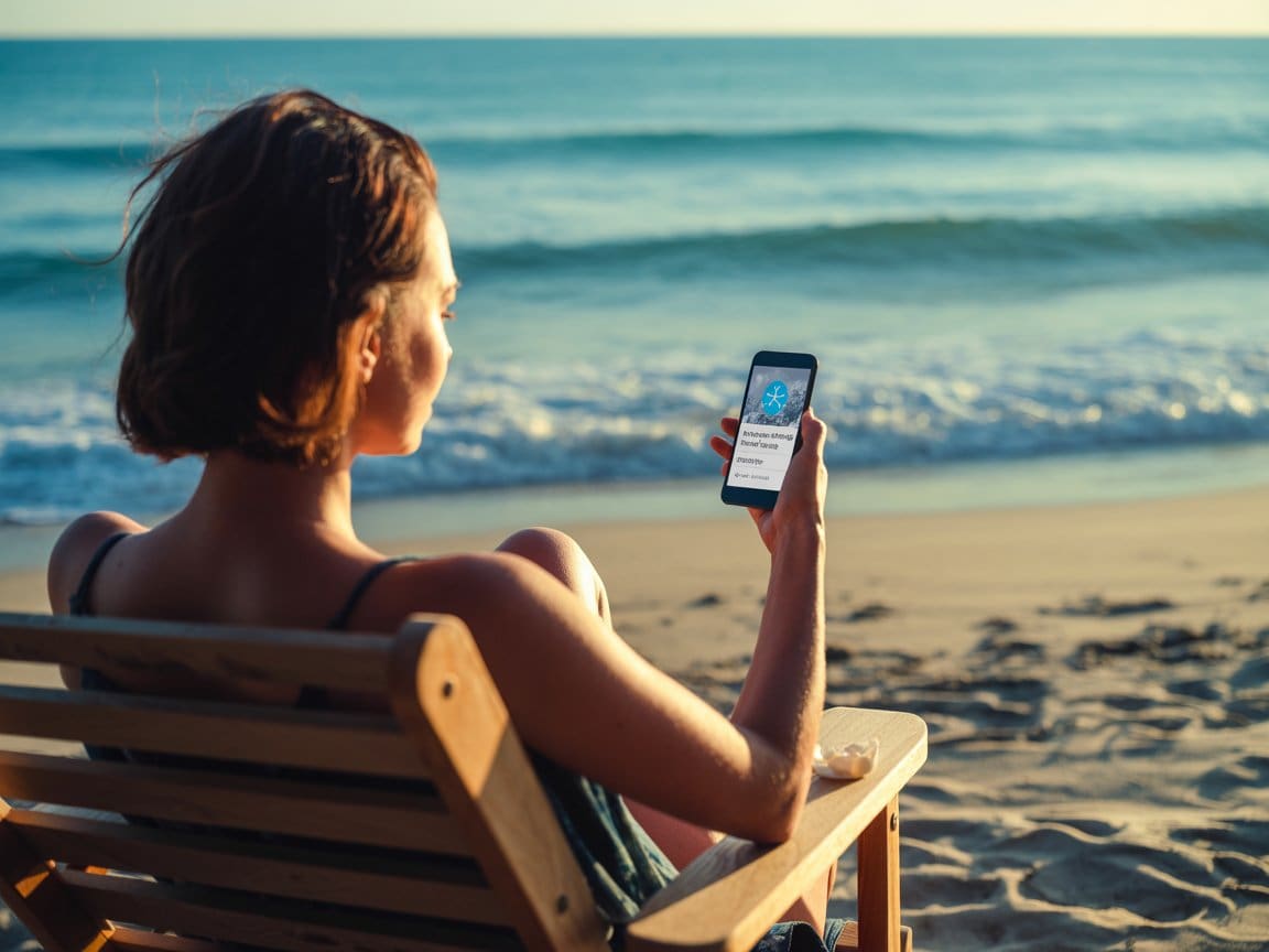 Woman using home automation systems Cleveland app on smartphone while relaxing at sunny beach.