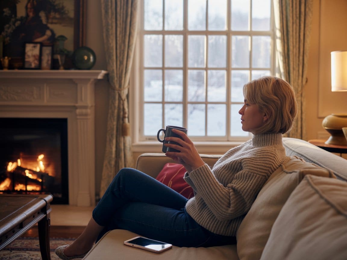 Woman relaxing with home automation systems Cleveland controlling her fireplace and lighting from phone.