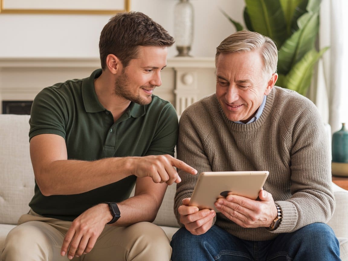 Young man demonstrating home security automation Cleveland features to senior on tablet in cozy living room