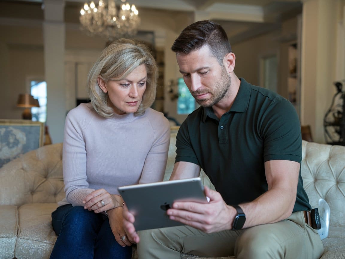 Home security automation Cleveland consultant from Rhodes reviewing system options with homeowner on sofa