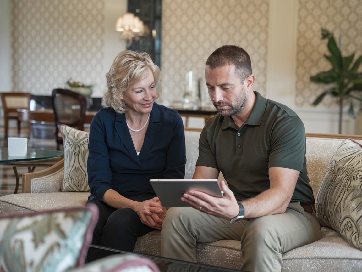 Smart home installation Cleveland consultation with homeowner reviewing options on tablet.