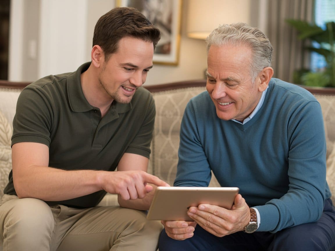 Voice control setup Cleveland technician consulting client with tablet demo