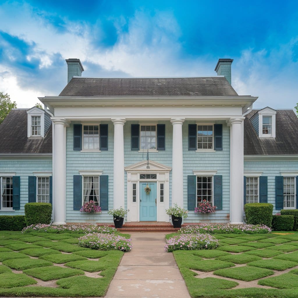 Home automation services enhance this beautiful blue Colonial house with modern tech