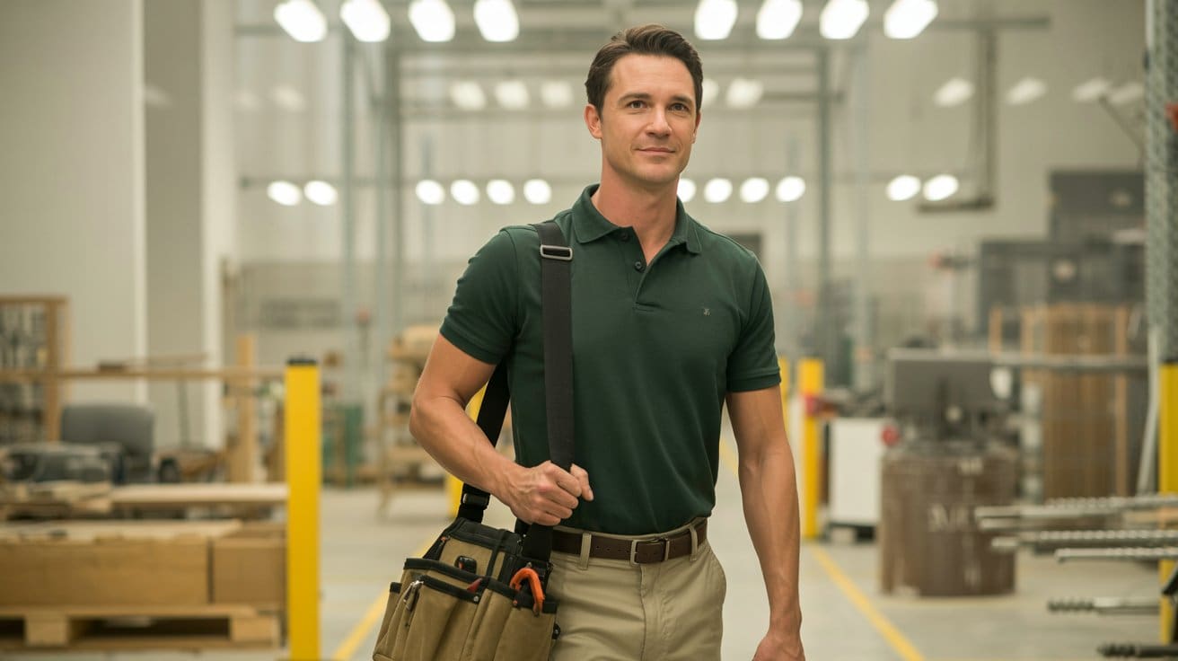 Commercial fire alarm installation Cleveland technician with tool bag walking through warehouse space