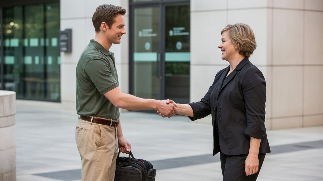 Commercial fire alarm repair services professional greeting client outside business building