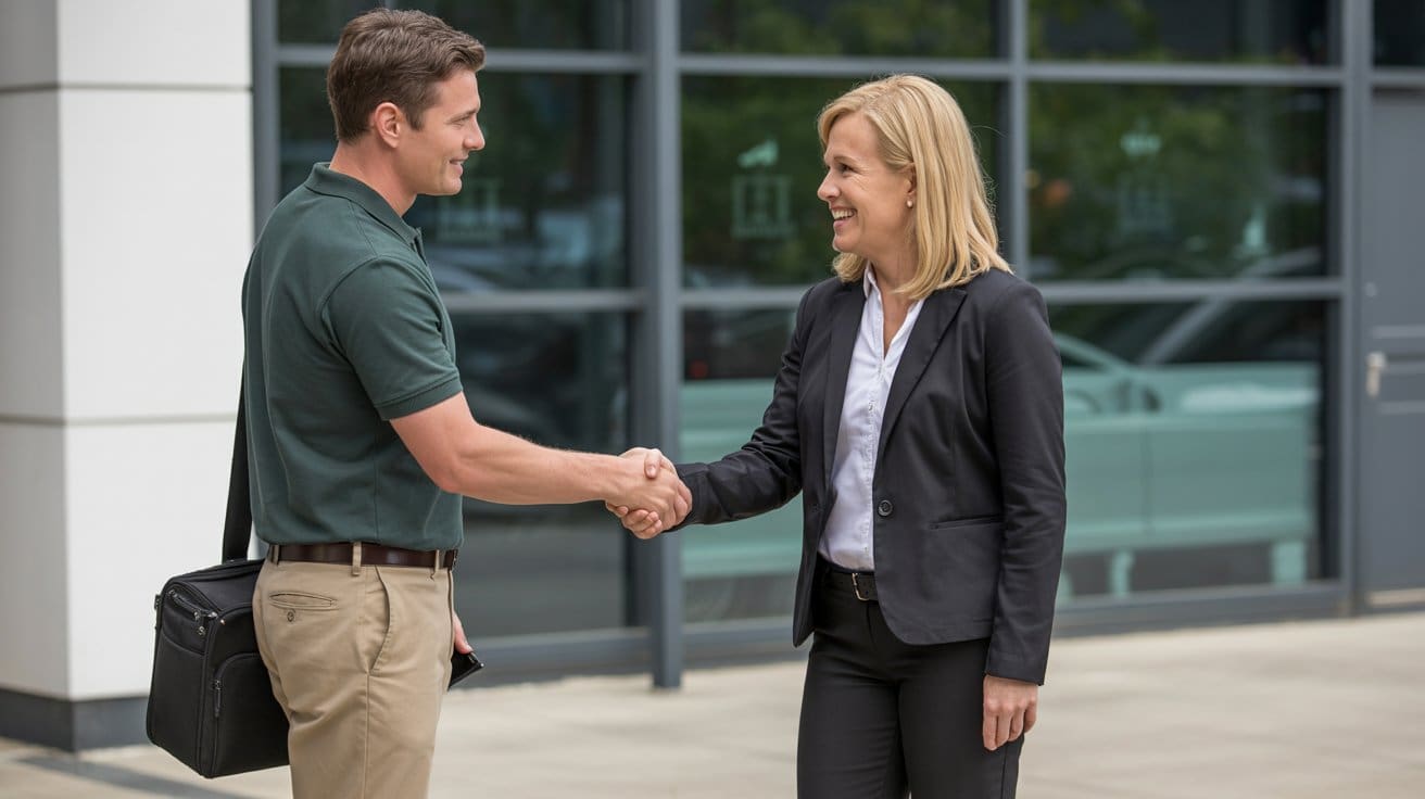 Commercial fire alarm system upgrades consultation between Rhodes Security technician and client