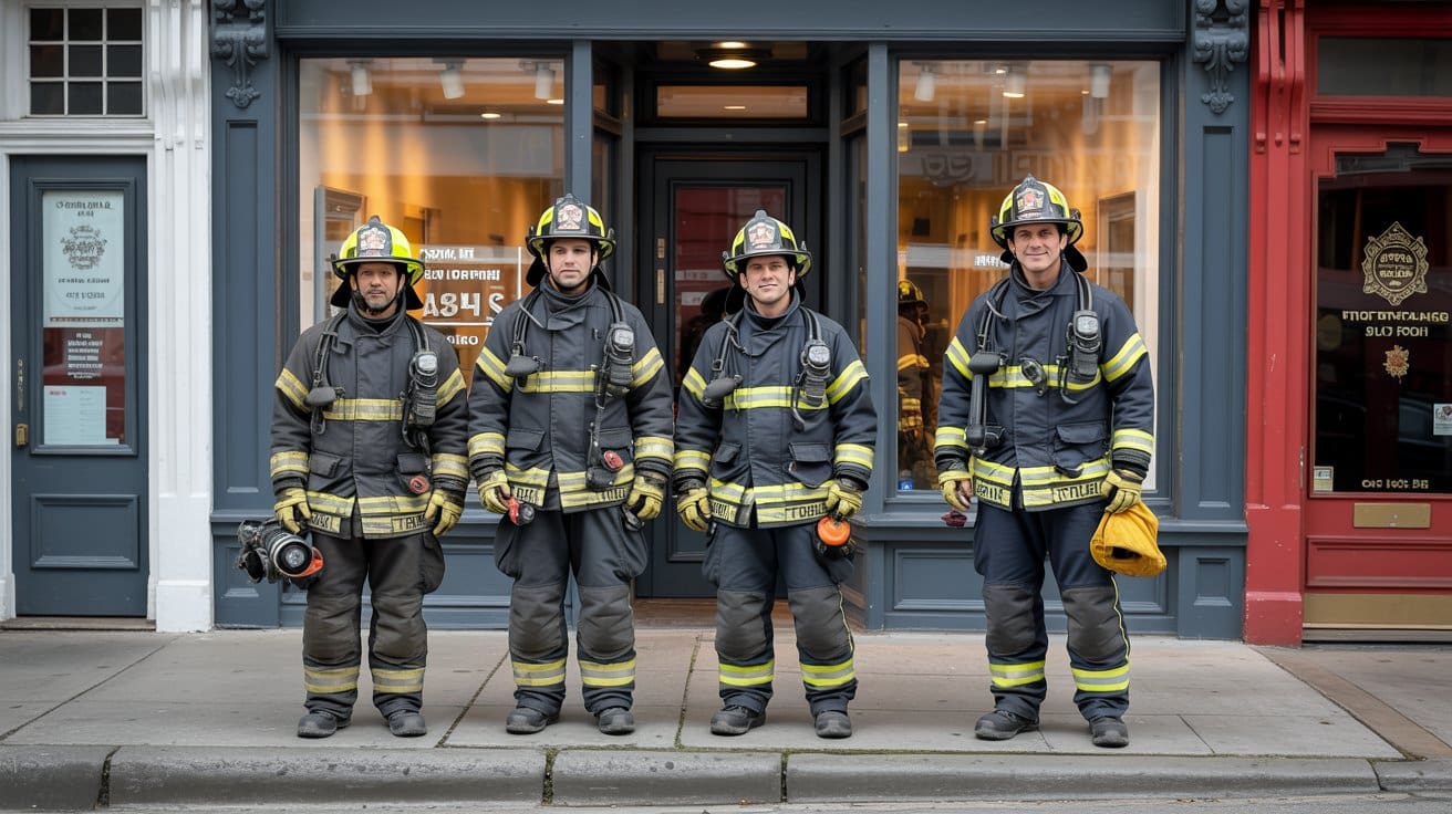 Commercial fire protection service firefighters in full gear standing outside downtown storefront