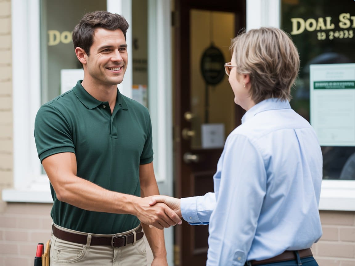 Commercial fire protection service technician shaking hands with business owner outside store