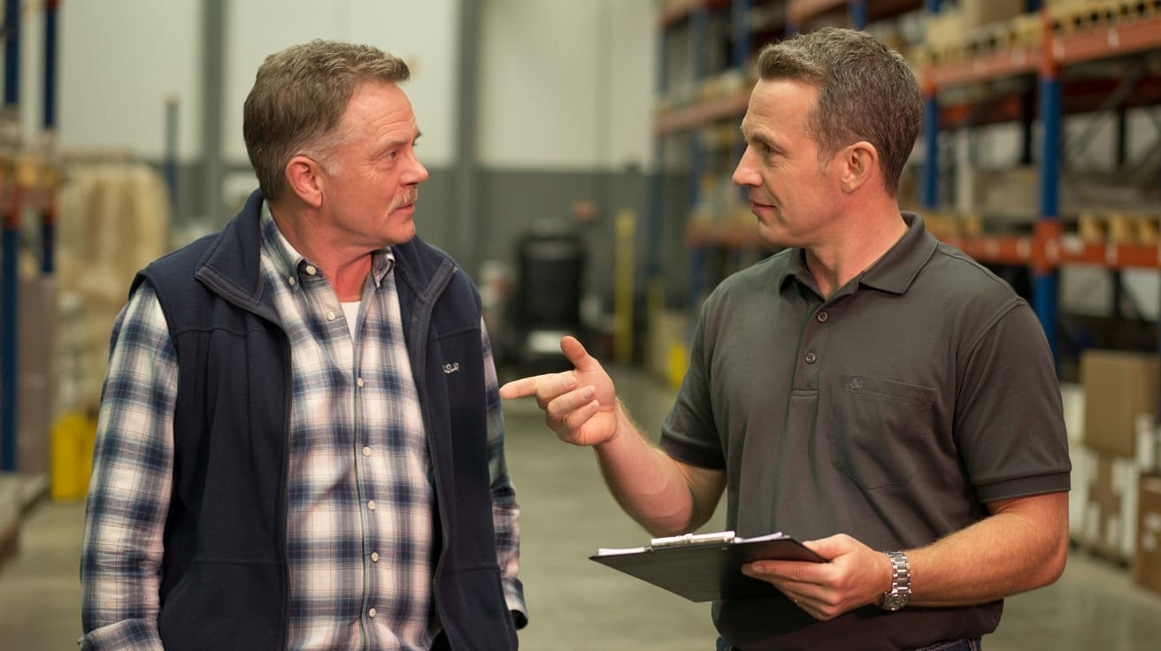 Fire code compliance services Cleveland consultant discussing warehouse safety with business owner