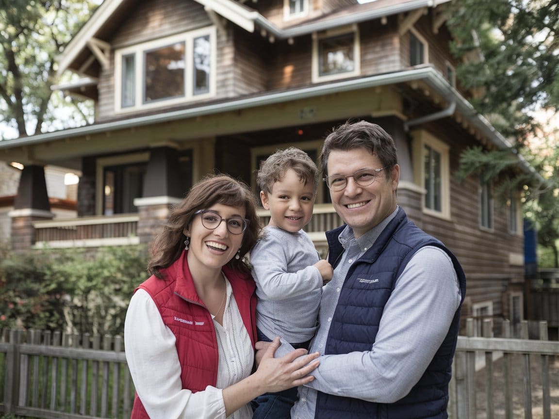 Older home fire alarm upgrades protect family standing in front of two-story residence