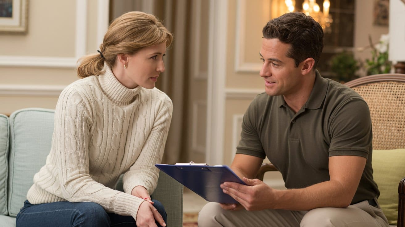 Home fire alarm inspection consultation between Rhodes Security Systems technician and homeowner