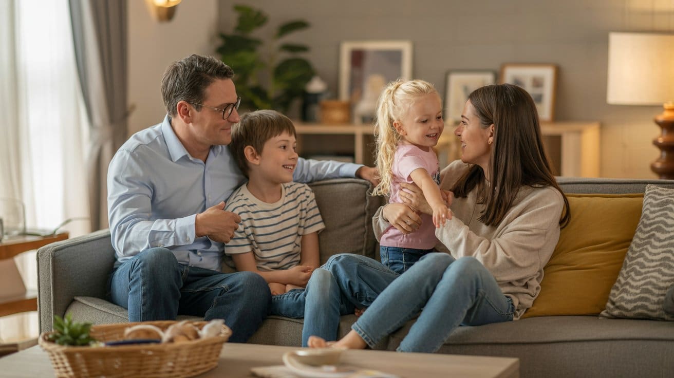 Home fire alarm inspection protects family relaxing safely together in their living room