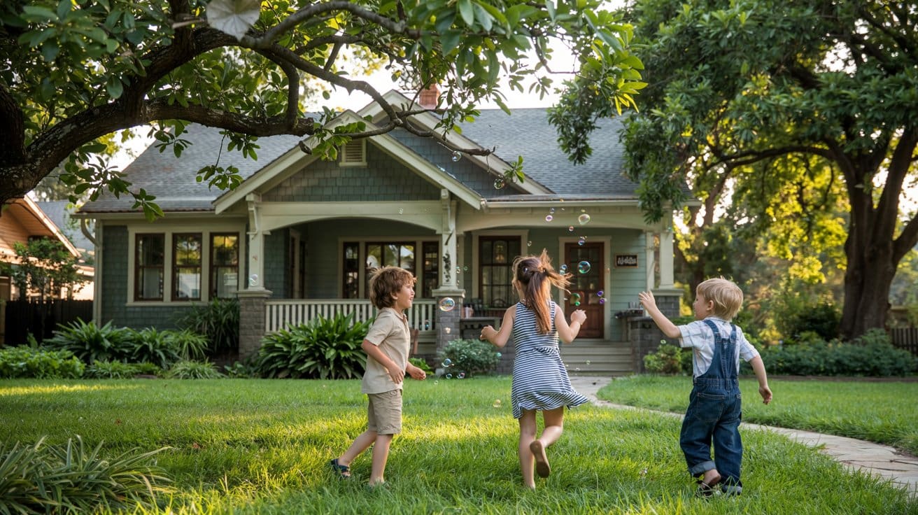 Home fire alarm system maintenance keeps children safe playing outside protected residence