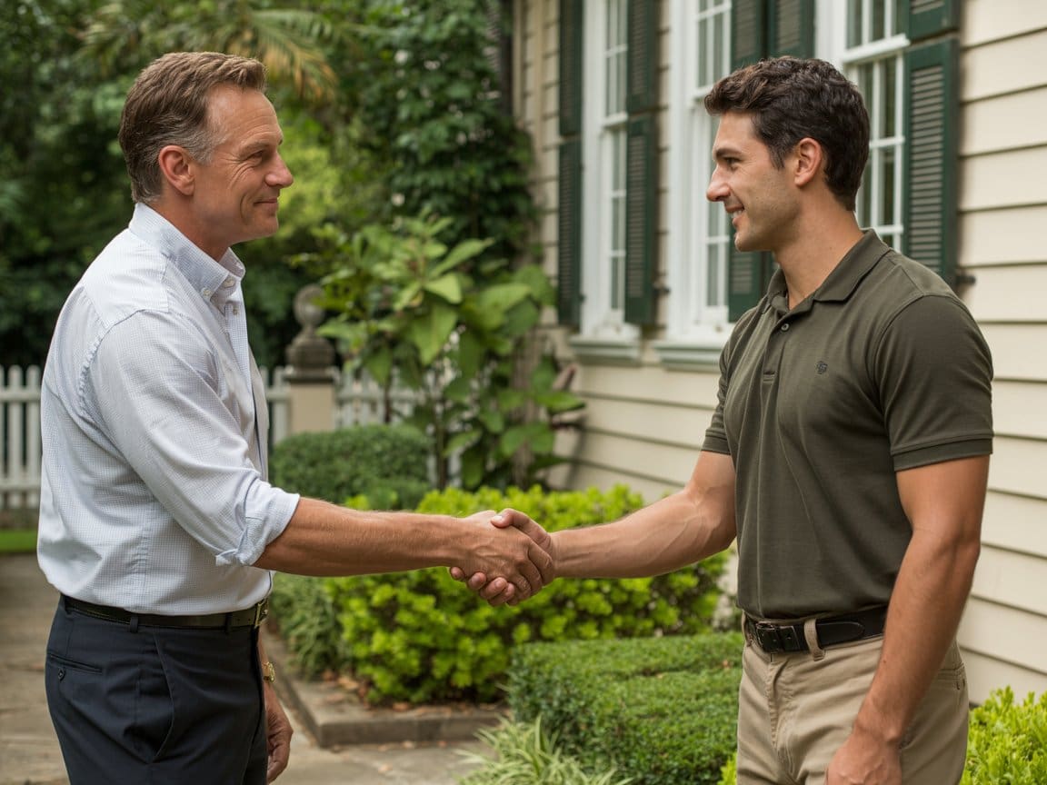 Smoke detector replacement services technician greets homeowner with handshake outside residence