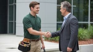 Annual fire alarm system inspections technician greeting client